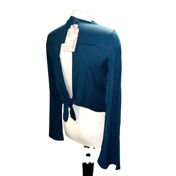 Band of the Free Open Back Ribbed High Neck Blouse Sz Medium Long Sleeve Teal - Picture 1 of 7